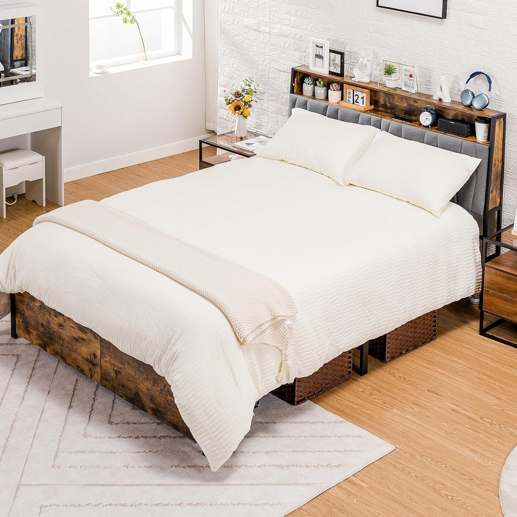 COMHOMA Queen Size Platform Bed Frame with LED Lights and Charging Station, Storage Headboard and Footboard Drawers, No Box Spring Needed, Rustic Wood Look