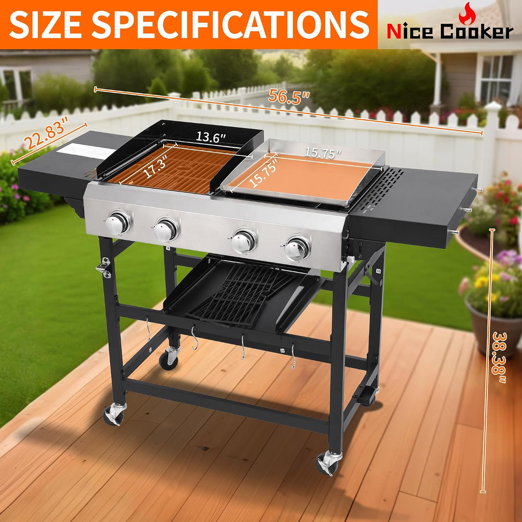 4 Burner Propane Gas Grill and Griddle Combo with Foldable Side Table, 470 sq in Cast Iron Grate & 248 sq in Flat Top, 38,200 BTU Outdoor BBQ Grill for Outdoor, BBQ, Camping