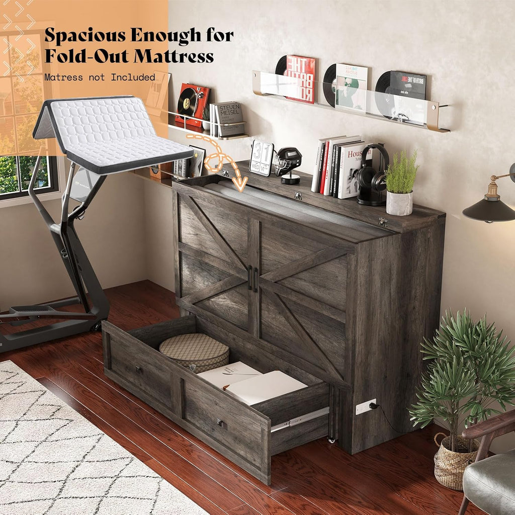 AMERLIFE Queen Murphy Bed with Storage & Charging Station, Farmhouse Murphy Cabinet with Foldable Panel, Noisy Free, for Living Room, Guest Bedroom, Office, Rustic Grey