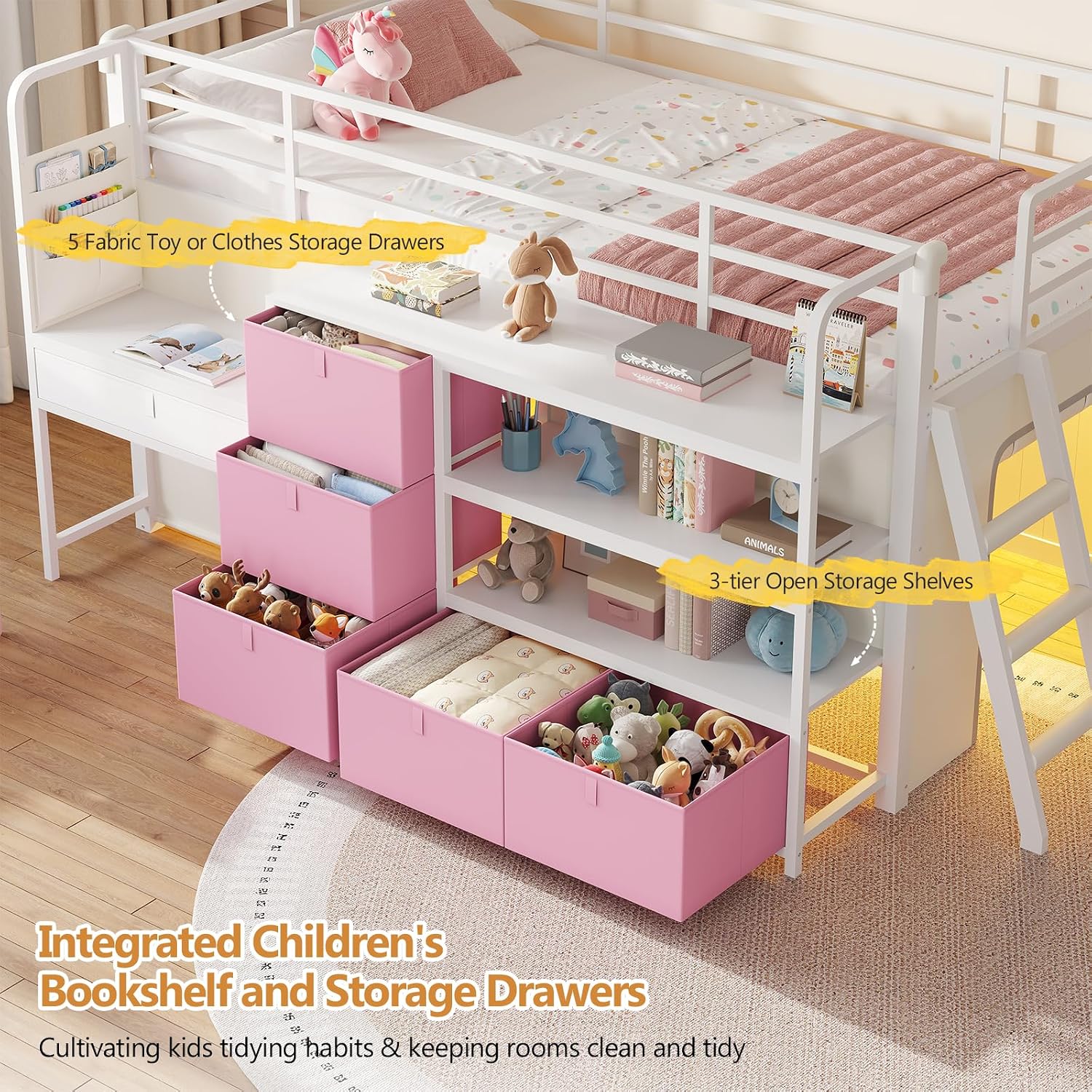 DICTAC Low Loft Bed with Desk and 6 Storage Drawers Twin Loft Bed with Bookshelf,LED Lights & Under-Bed Play Space,Kids Twin Beds with 13.8''H Safety Guardrail,Inclined Ladder&Play Curtain,Pink+White
