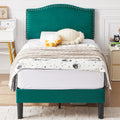 VECELO Twin Bed Frame, Platform Bed Frame with Adjustable Height Upholstered Headboard, Heavy-Duty Frames and Strong Wooden Slats Support, Non-Slip and Noise-Free, Easy Assembly, Dark Green