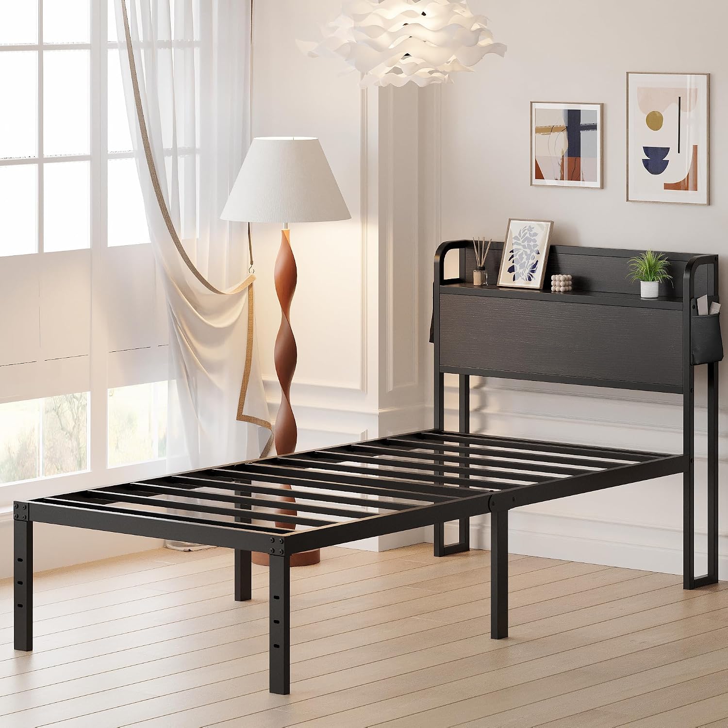 Maenizi 16 Inch Twin XL Bed Frames with Headboard, Metal Bed Frame Twin XL Storage Wood Headboard No Box Spring Needed, Noise Free, Black