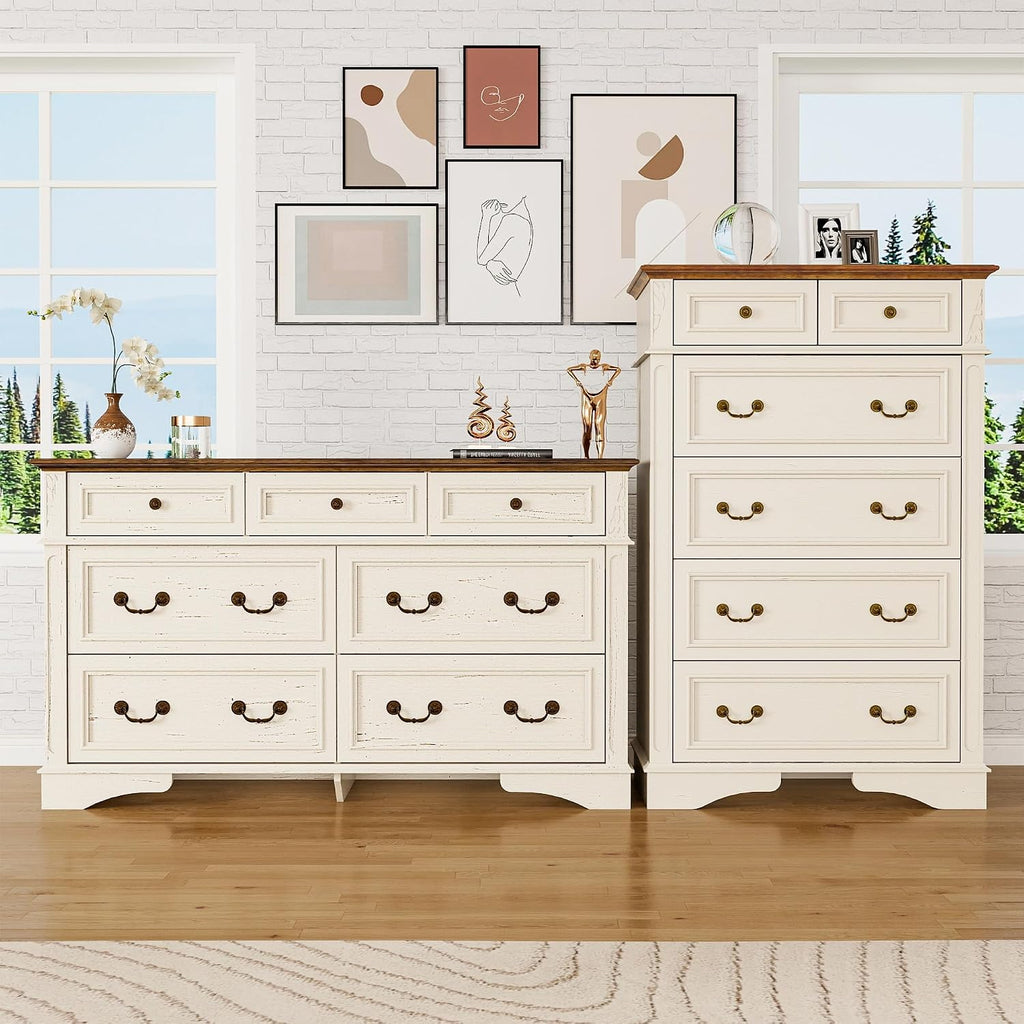 ENOUSHUFarmhouse Dresser and Nightstand Sets, 6-Drawer with 7 Drawer Dresser Sets, 2 Pieces Rustic Wood Bedroom Furniture Set for Home, Bedroom, Hallway(White)