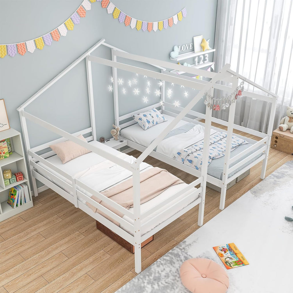 Giantex Double Twin Bed Frames for Kids, Wood House Shaped Platform with Built-in Nightstand & USB Port, 2 Shared Beds for Teens, Boys & Girls, White