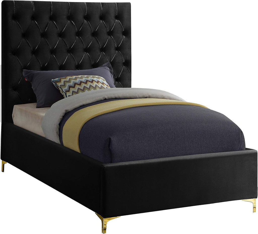 Meridian Furniture Cruz Collection Modern | Contemporary Velvet Upholstered Bed with Deep Button Tufting and Complete Sets of Gold and Chrome Legs Included, Twin, Black