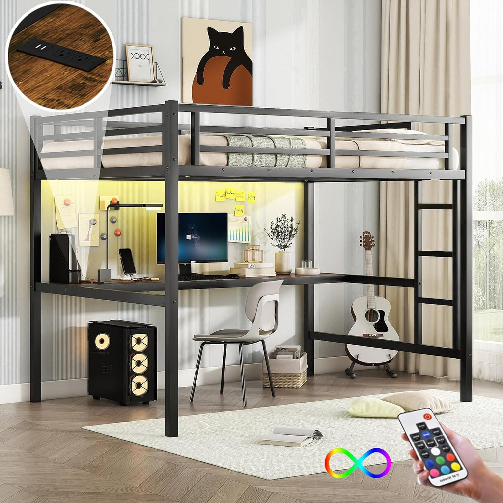 Bellemave Full Loft Bed with Desk, Metal Loft Bed Frame with Ladder, LED Lights and Power Outlet for Kids, Boys, Girls, No Spring Box Needed, Black