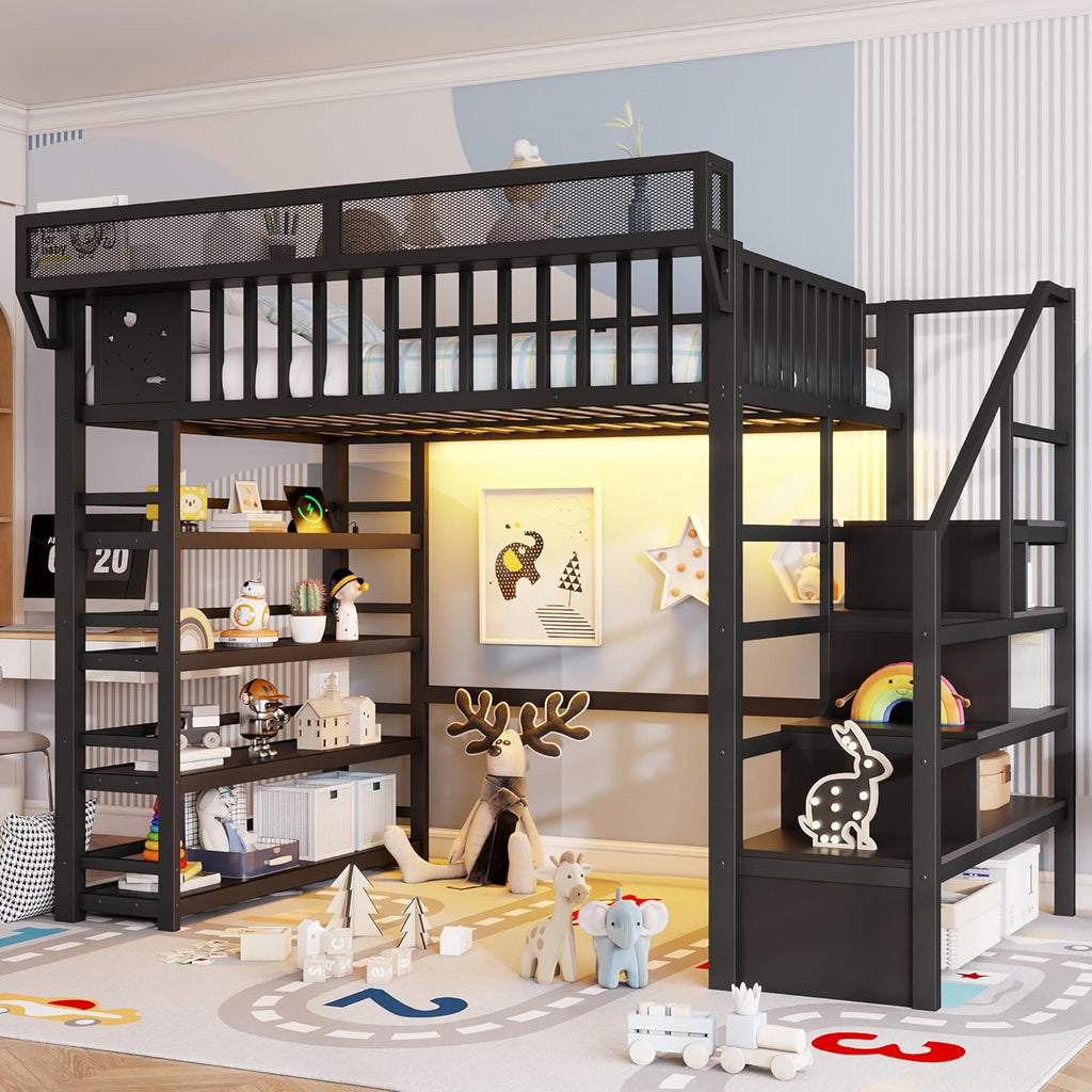 Full Size Metal Loft Bed with RGB Lights and Charging Station,High Loft Beds with 4 Shelf Bookcase and Storage Stairs,Heavy Duty Bed Frame with High Guardrail for Kids Teens,Black