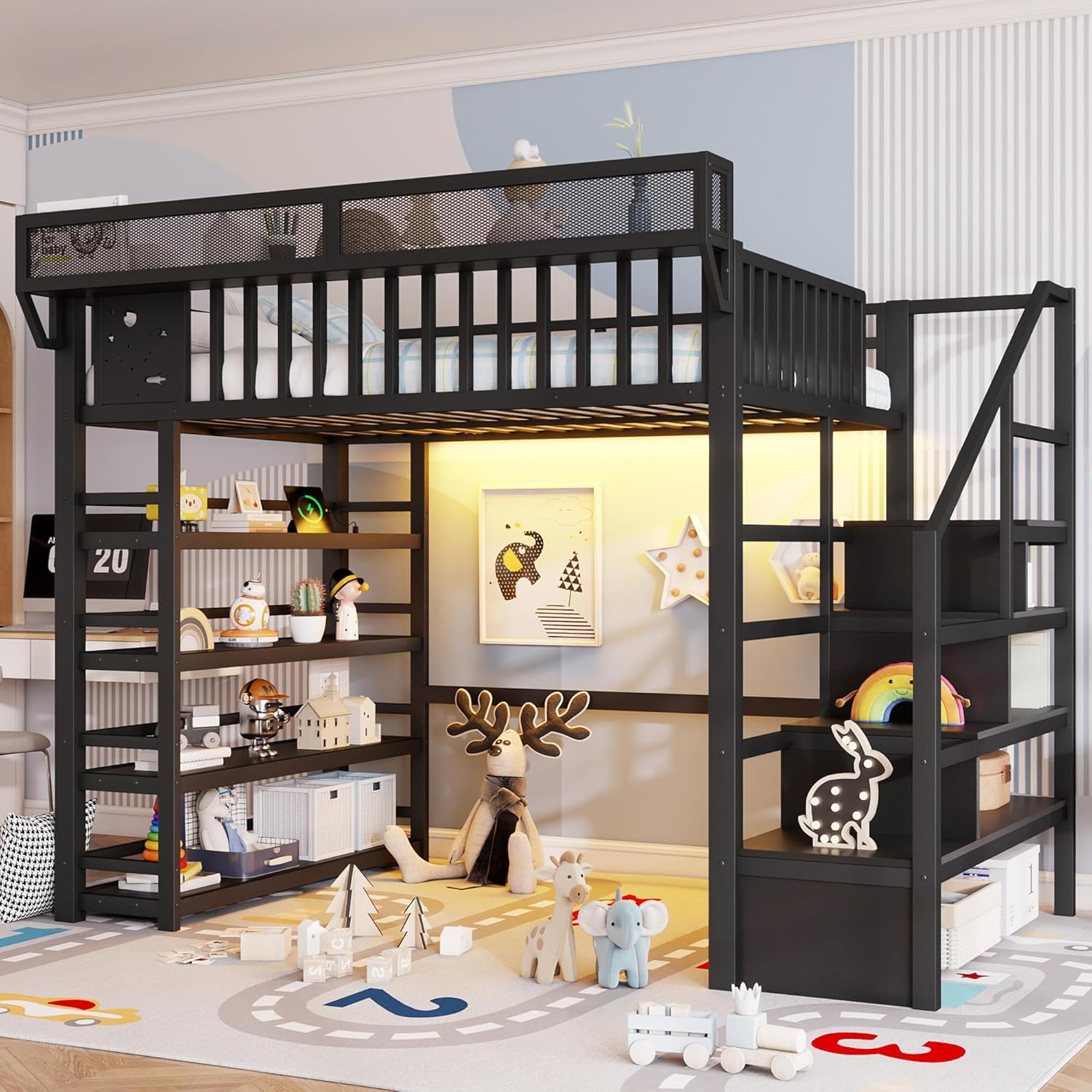 Full Size Metal Loft Bed with RGB Lights and Charging Station,High Loft Beds with 4 Shelf Bookcase and Storage Stairs,Heavy Duty Bed Frame with High Guardrail for Kids Teens,Black