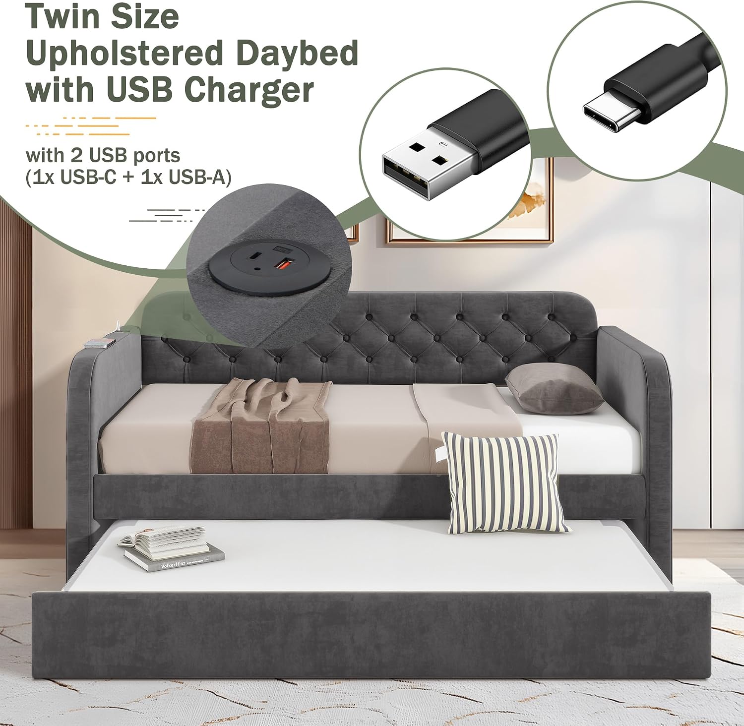 Twin Size Daybed with Trundle Bed, Upholstered Daybed with 2 USB Ports, Sturdy Metal and Wood Frame, Tufted Sofa Bed for Bedroom, No Box Spring Needed, Grey