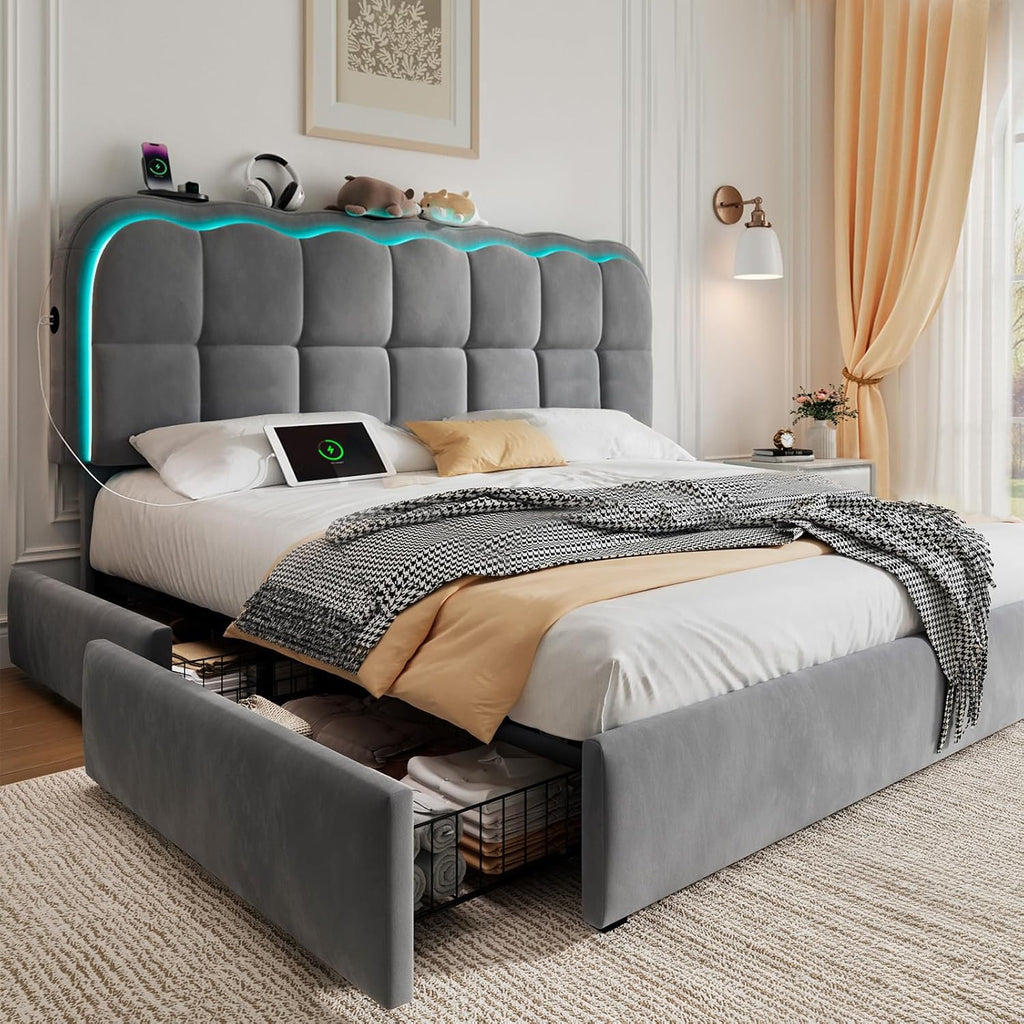 CypBed Queen Size Bed Frame with 4 Storage Drawers & LED Lights, Velvet Upholstered Platform Bed Frame with Charing Station and Adjustable Headboard, Wood Slats Support, No Box Spring Needed, Grey