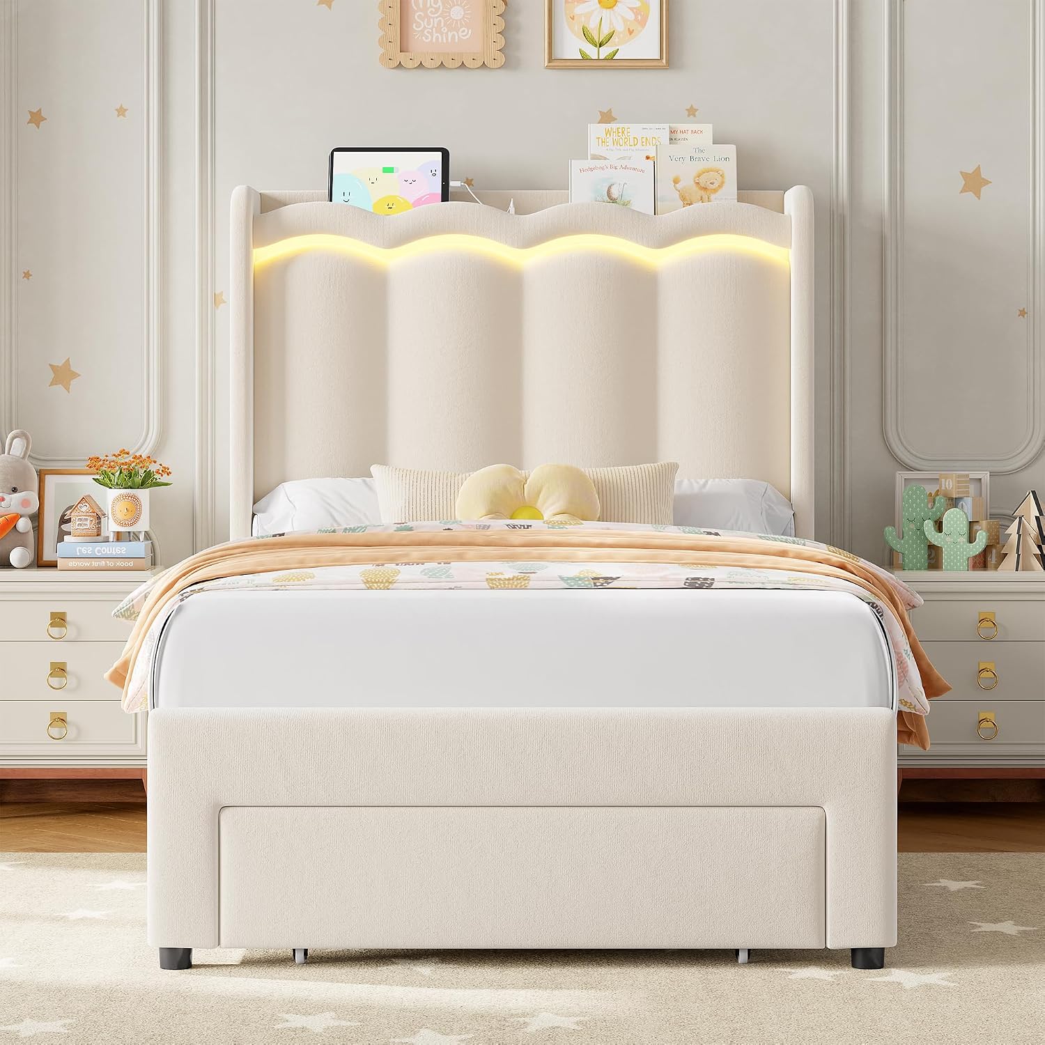 HIFIT 2 Set Upholstered Twin Size LED Bed Frame with Storage Drawer and Charging Station, Velvet Princess Twin Bed for Kids, Girls Bed with Double Wavy Wingback Headboard and Solid Frame, Beige