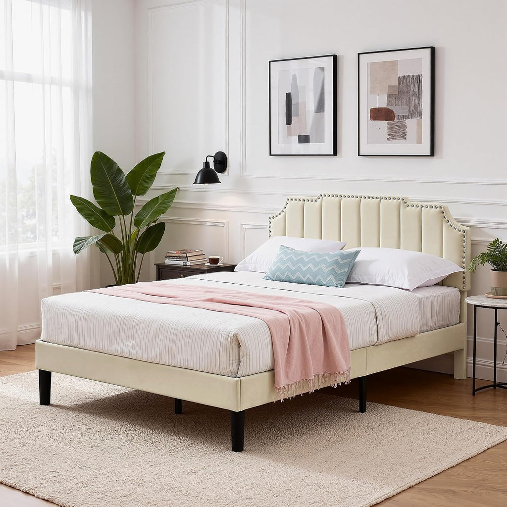 VECELO Queen Velvet Upholstered Platform Bed Frame with Tufted Adjustable Headboard/Mattress Foundation/Wooden Slat Support/Under Bed Storage Space/No Box Spring Needed/Easy Assembly