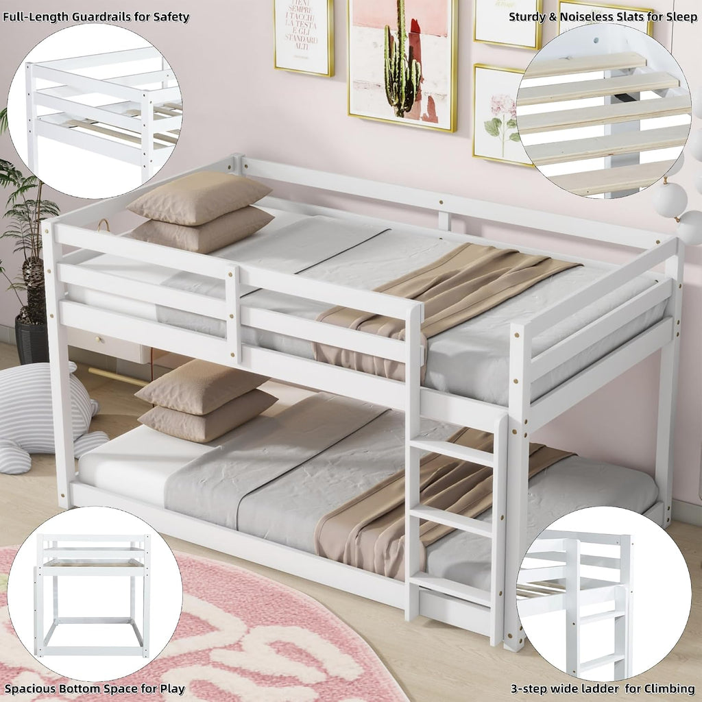 Low Bunk Bed Twin Over Twin, Solid Wood Floor Bunk Bed Frame with Ladder & Safety Guardrails, Twin Bunk Beds for Kids Boys and Girls, Saving Space, No Box Spring Needed, White