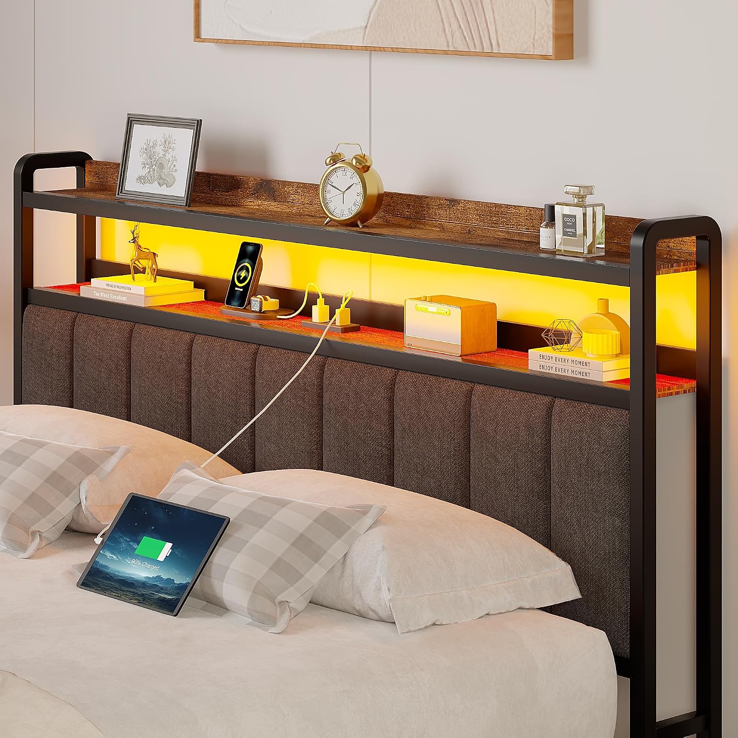 VECELO Queen Size Bed Frame with LED Lights and Bench, Upholstered Headboard Bed Frame with Storage & USB Charging Station, Sturdy Metal Frame, No Box Spring Needed, Grey