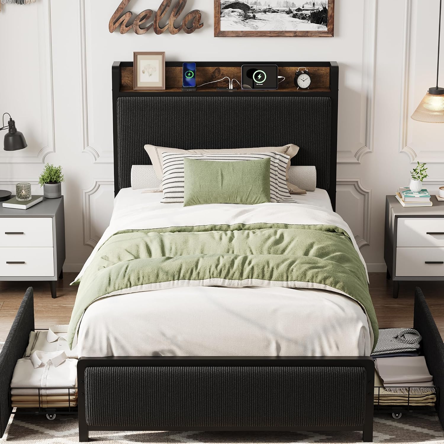 GAOMON Twin Size Bed Frame with 2 Storage Drawers and Charging Station, Rustic Velvet Upholstered Platform Bedframe with Storage Headboard, No Box Spring Needed, Easy Assembly, Noise Free, Black