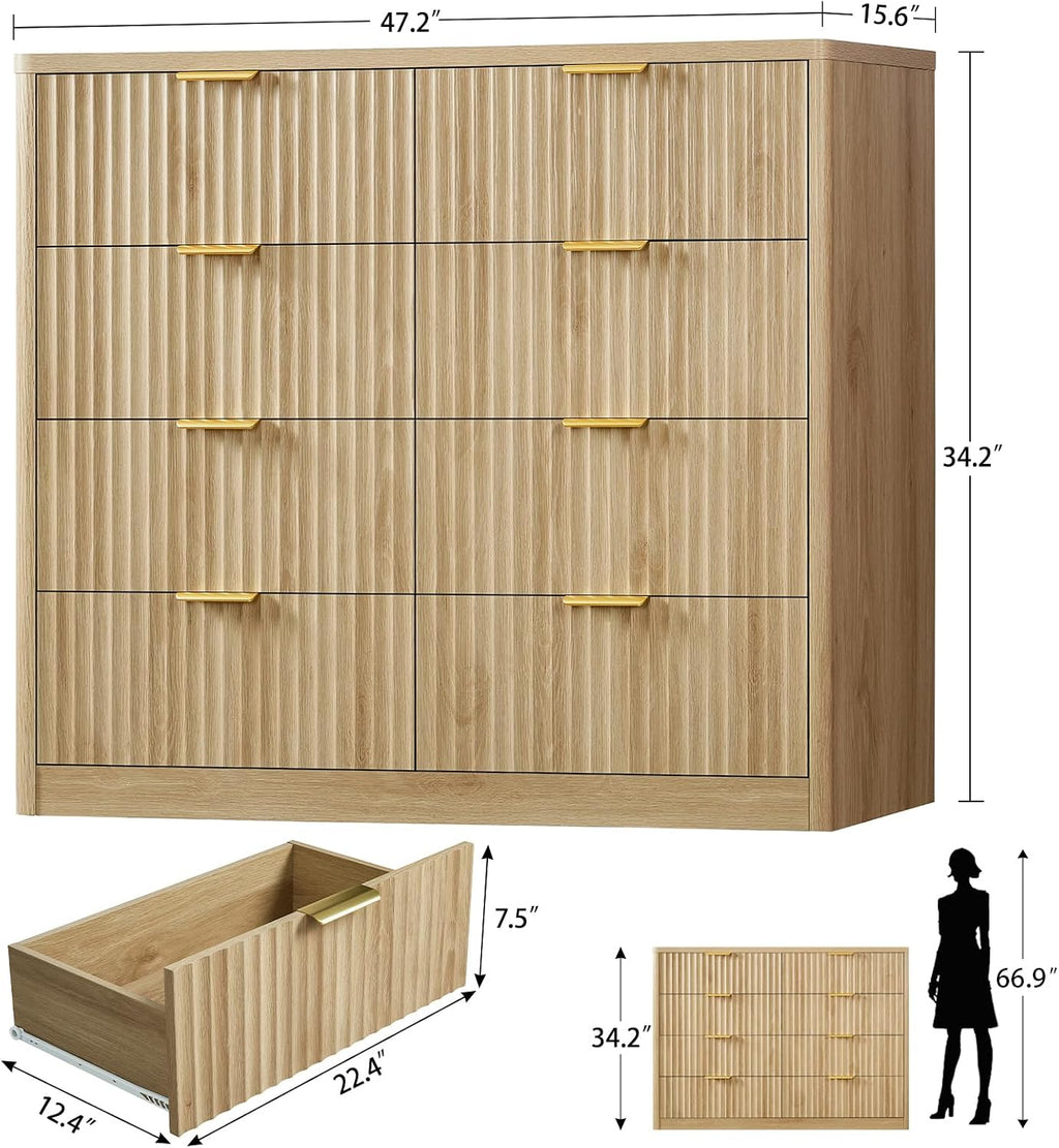 TEENOFN Fluted Dresser for Bedroom with 8 Drawers, 47.2' Wide Modern Chest of Drawers with Metal Handle, Dresser TV Stand, Wood Closet Clothes Storage Organizer for Living Room, Hallway, Natural