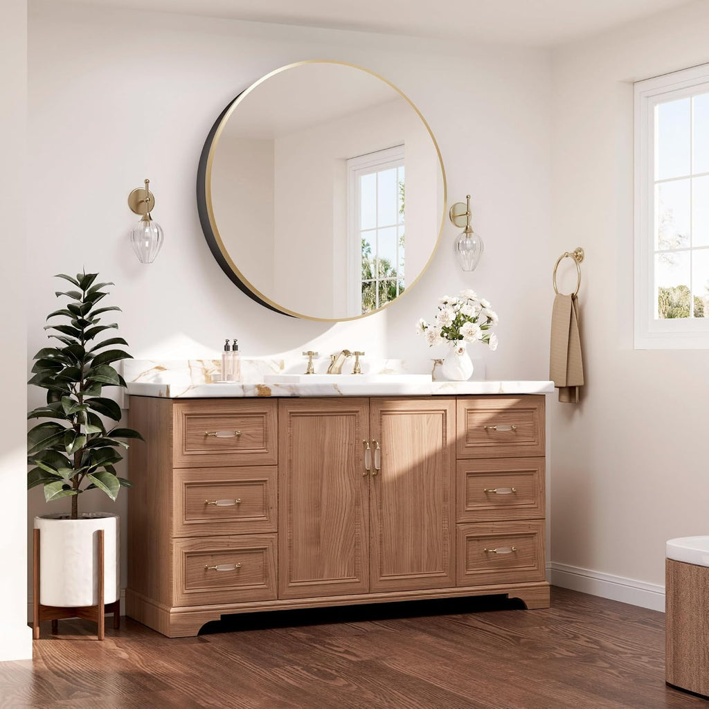 TETOTE Gold Round Bathroom Medicine Cabinet with Mirror 30 x 30, Adjustable Shelves, Farmhouse Wall Storage, Surface Mounted