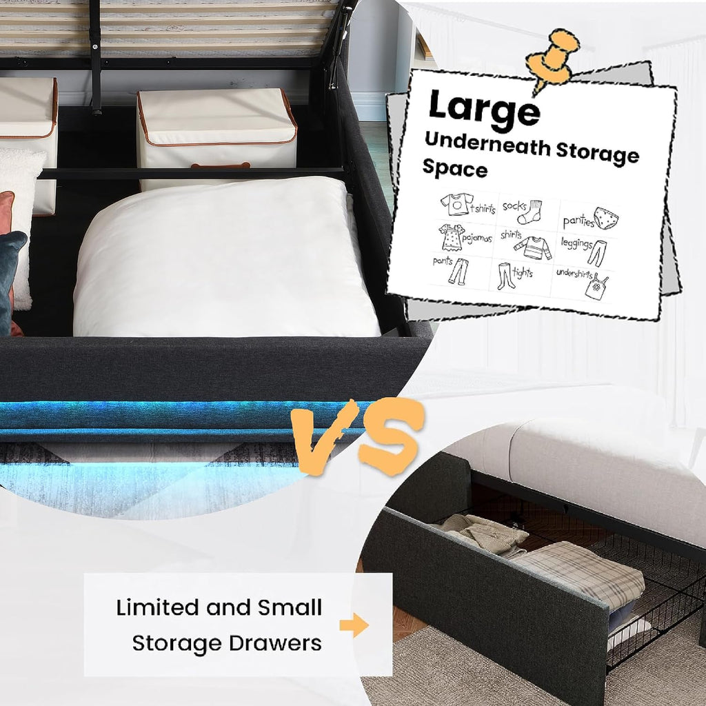 Ailisite Lift Up Storage Bed Full, Bed Frame Full Size with Charging Station & Led Lights, Upholstered Storage Bed with Wingback 2-Tier Bookcase Headboard, Hydraulic Lift, No Box Spring Needed,Black