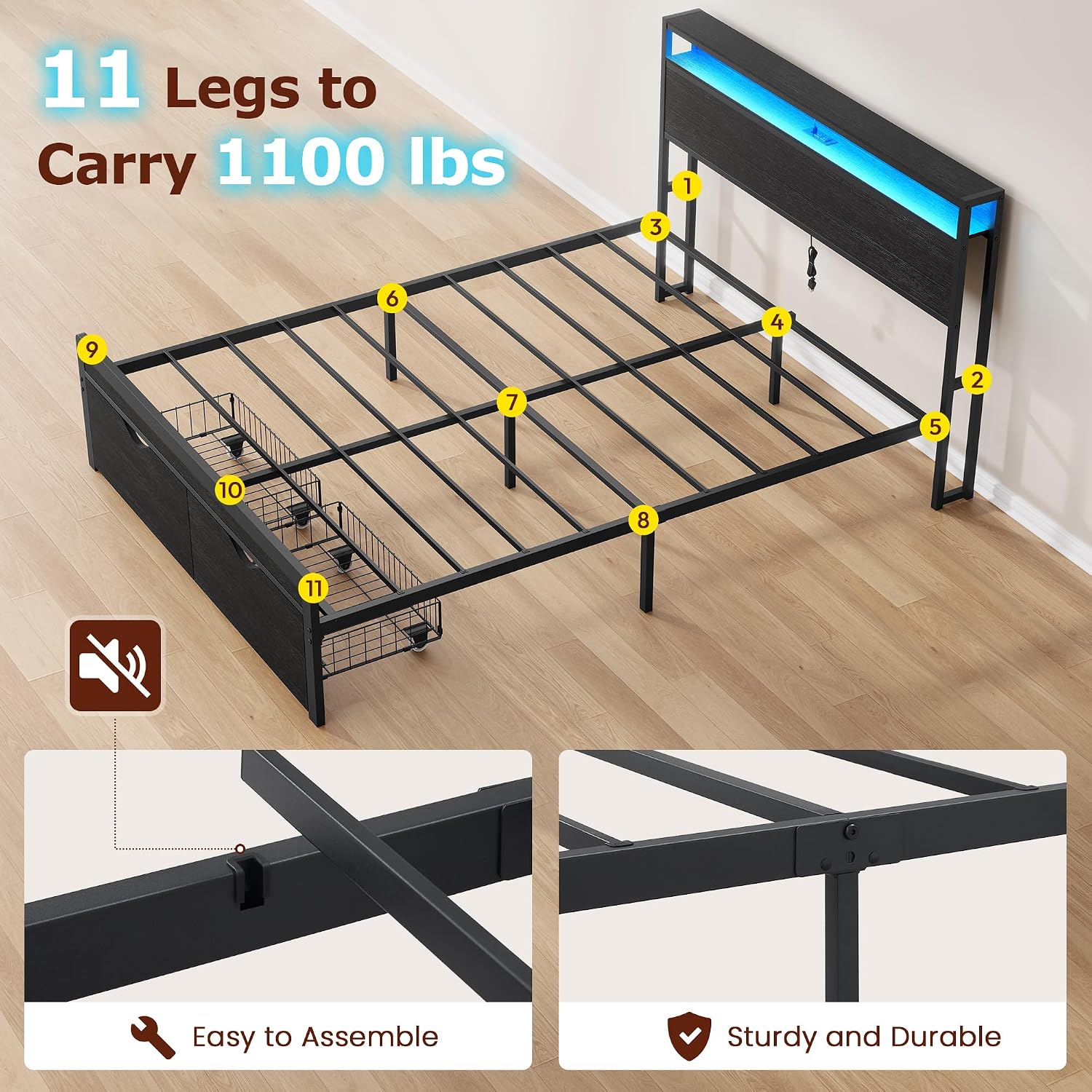 FAVOOSTY Full Size Metal Platform Bed Frame with 2-Tier Headboard, 2 Storage Drawers, LED Lights and Charging Station, Noise Free, No Box Spring Needed, Easy Assembly, Black