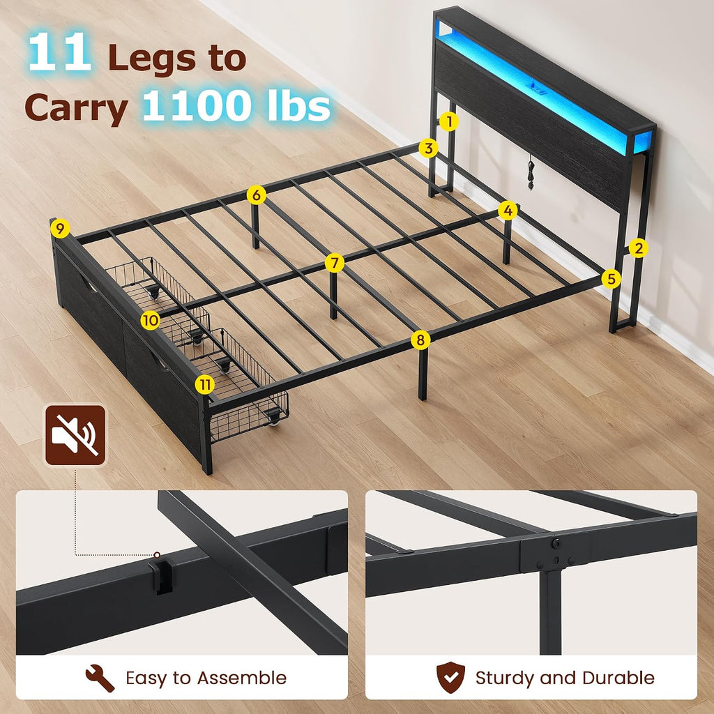 FAVOOSTY Queen Bed Frame with 2-Tier Headboard, Metal Platform with 2 Storage Drawers, LED Lights and Charging Station, Noise Free, No Box Spring Needed, Easy Assembly, Black