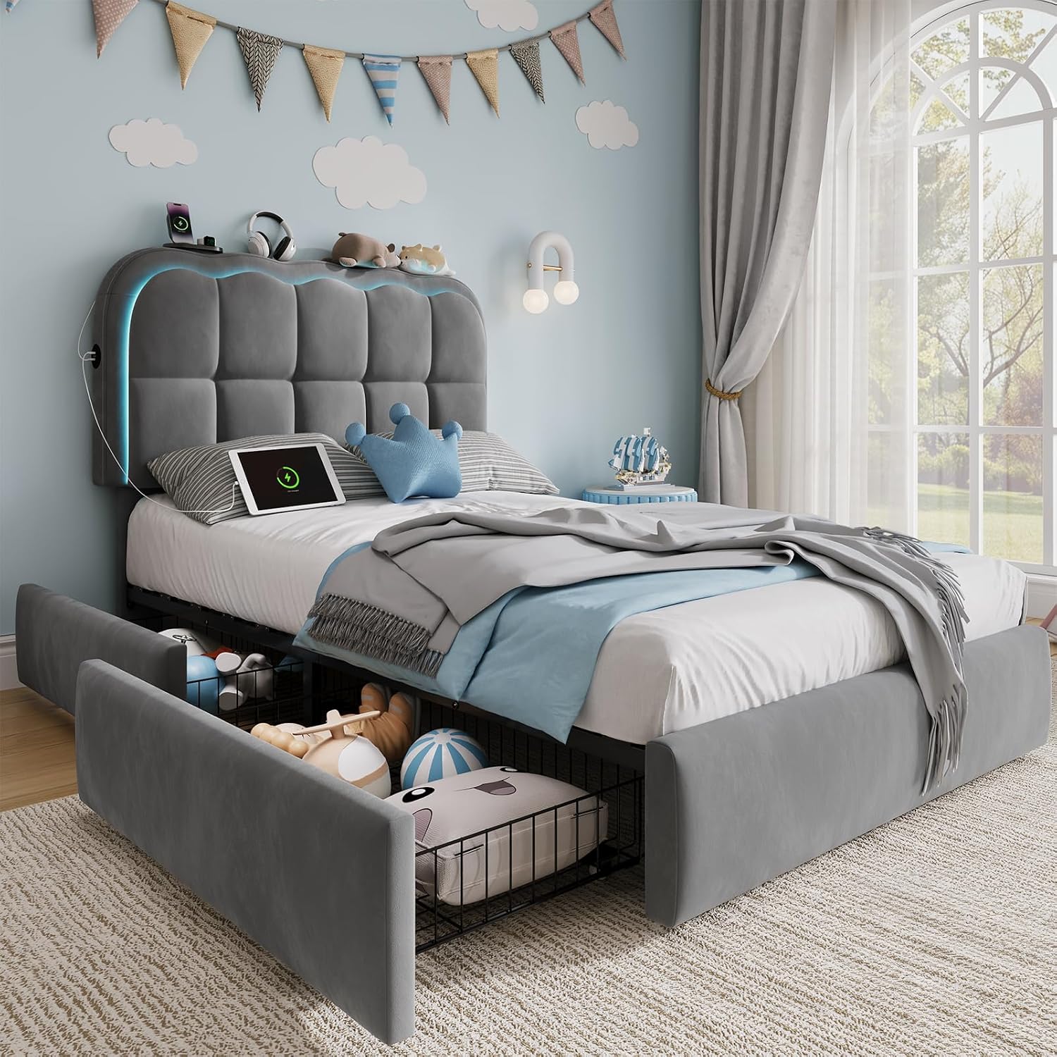 CypBed Twin Bed Frame with Storage Drawers and Headboard, Upholstered LED Twin Size Platform Bed Frame for Kids – Sturdy Metal Bed Frame Twin with Wood Slats Support, No Box Spring Needed, Grey