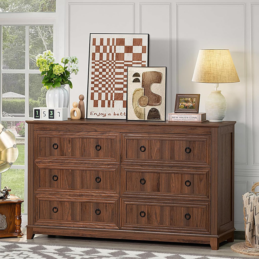 Joaxswe Farmhouse Furniture Set, Nightstands Set of 2 and 6 Drawers Dresser for Bedroom, 54 Inch Wide Wood Dresser and 18' Night Stands with Charging Station for Bedroom, Living Room, Hallway