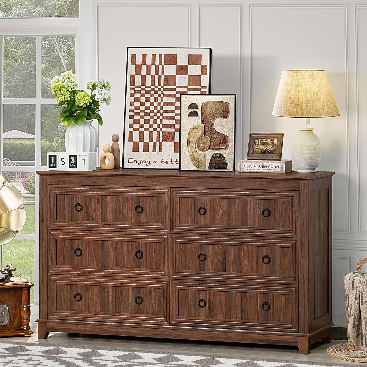 Joaxswe Farmhouse Furniture Set, Nightstands Set of 2 and 6 Drawers Dresser for Bedroom, 54 Inch Wide Wood Dresser and 18' Night Stands with Charging Station for Bedroom, Living Room, Hallway