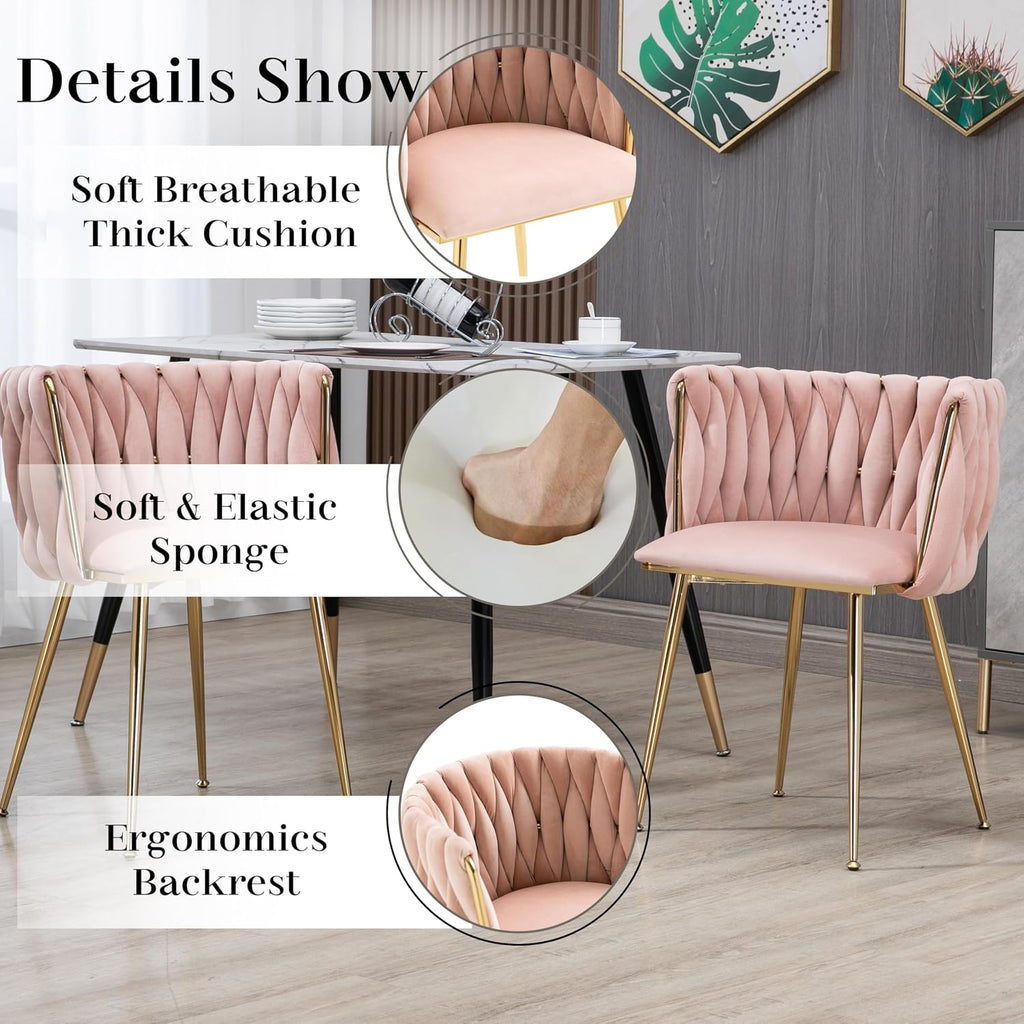 5 Piece Modern Golden Round Dining Set, 36'' Luxury Circular Kitchen Table Set, Clear Circle Glass Top Dinner Room Set for 4, Pink Woven Chairs, for Bedroom Small Apartment Living Room