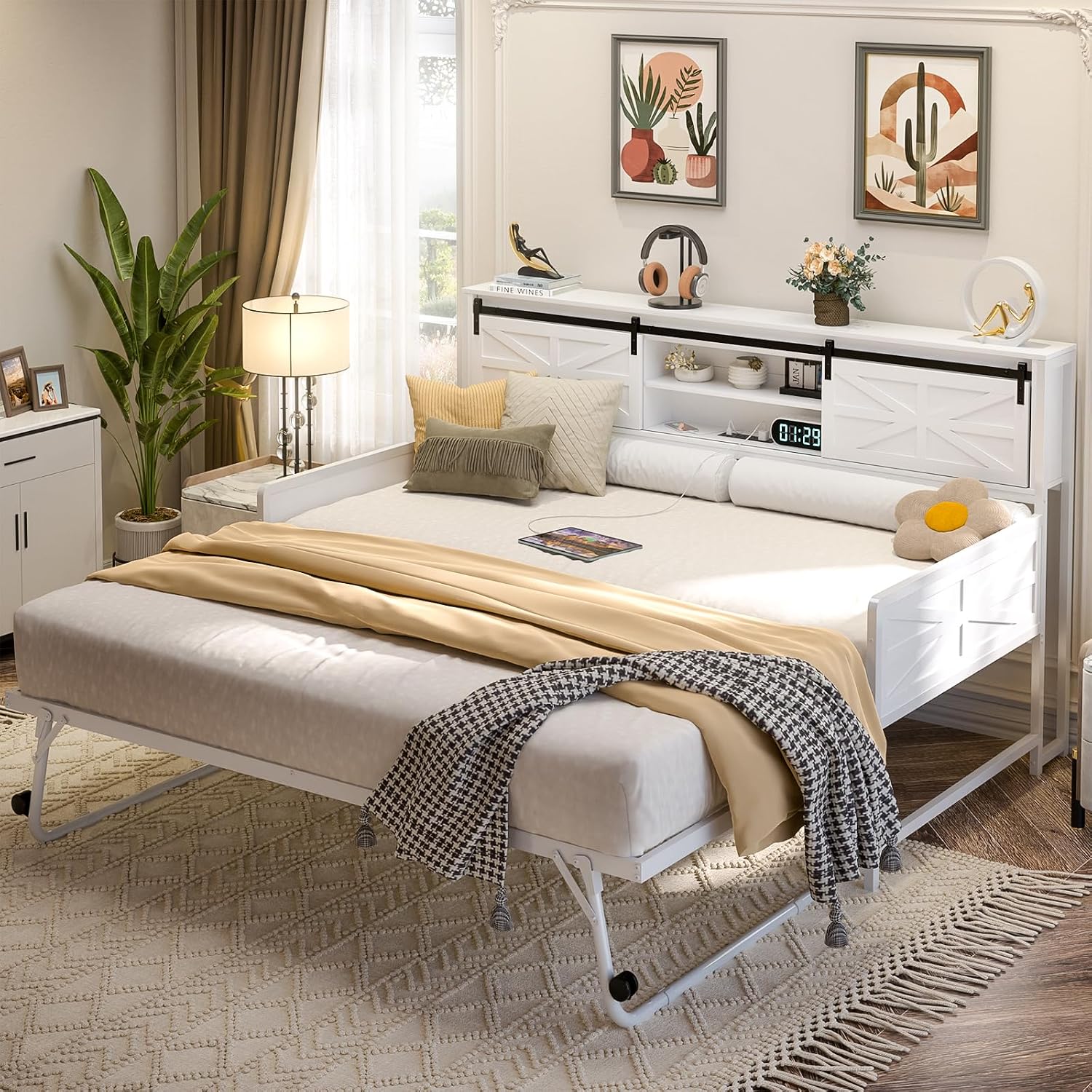 Homieasy Farmhouse Twin Daybed with Pop-Up Trundle, Metal Trundle Bed Frame with Bookcase Headboard, Charging Station & Barn Door Storage for Bedroom & Guest Room, White