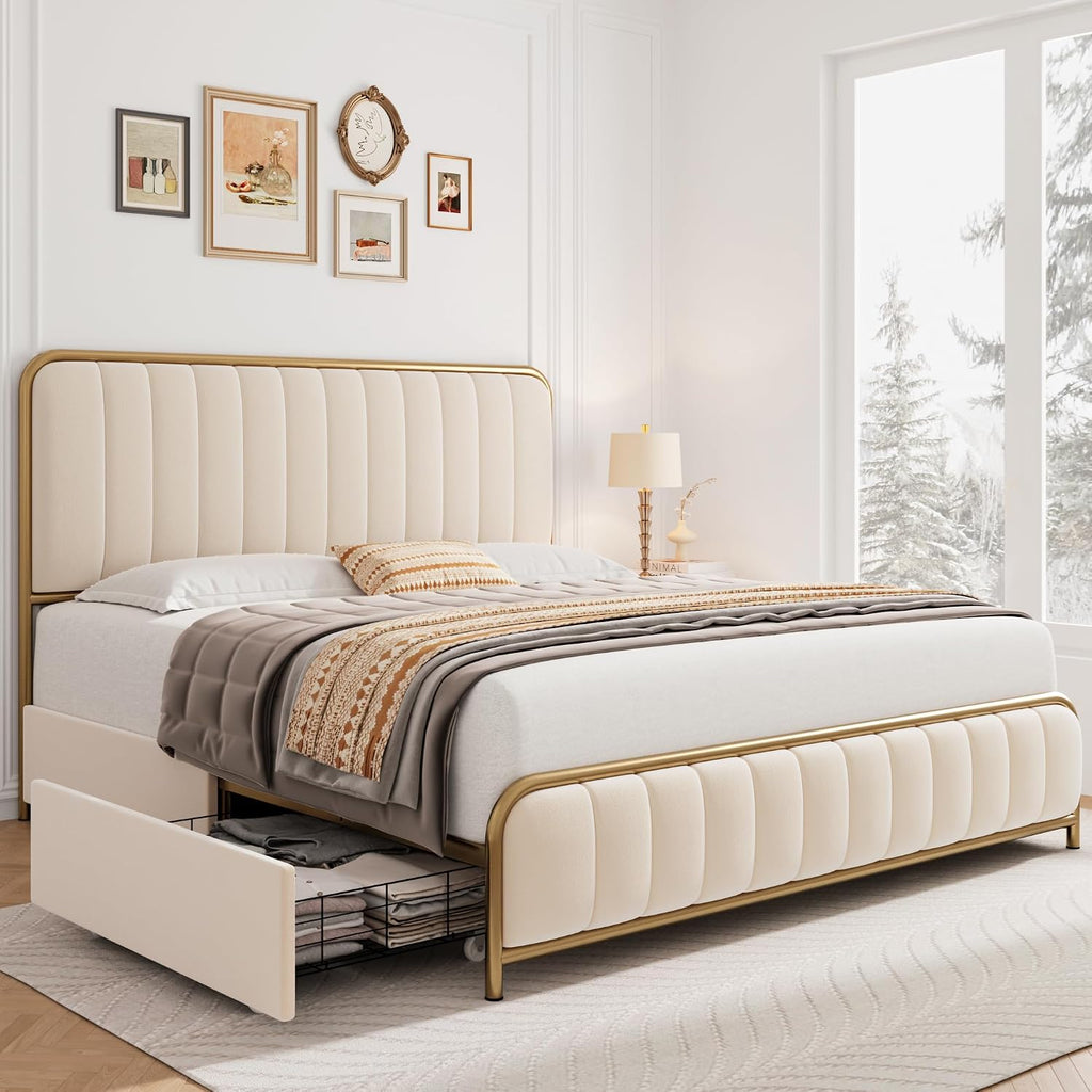 HITHOS Upholstered Full Size Bed Frame with 4 Storage Drawers and Headboard, Heavy Duty Metal Mattress Foundation with Wooden Slats, Easy Assembly, No Box Spring Needed (Golden/Off White, Full)