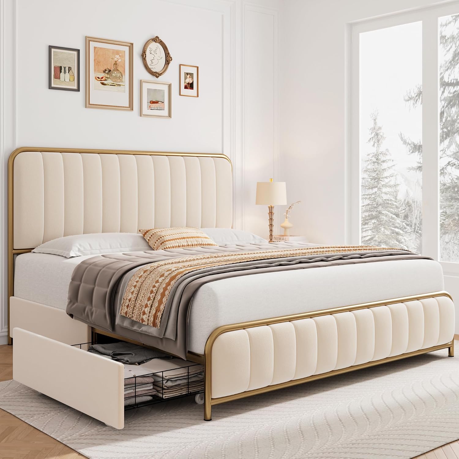 HITHOS Upholstered Full Size Bed Frame with 4 Storage Drawers and Headboard, Heavy Duty Metal Mattress Foundation with Wooden Slats, Easy Assembly, No Box Spring Needed (Golden/Off White, Full)