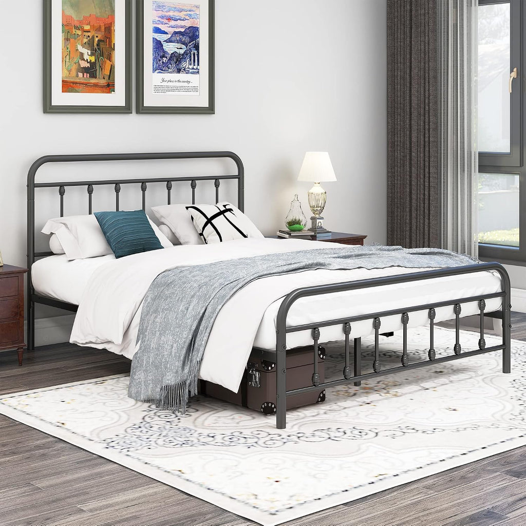 DUMEE Metal Queen Bed Frame with Headboard and Footboard Farmhouse Platform Bed Frame Queen Size Under Bed Storage No Box Spring Needed, Textured Black