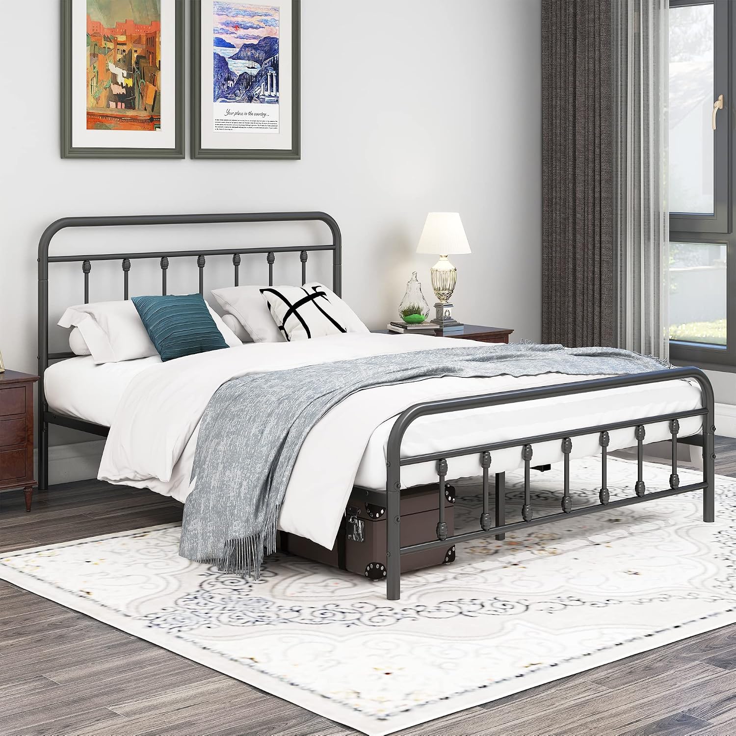 DUMEE Metal Queen Bed Frame with Headboard and Footboard Farmhouse Platform Bed Frame Queen Size Under Bed Storage No Box Spring Needed, Textured Black