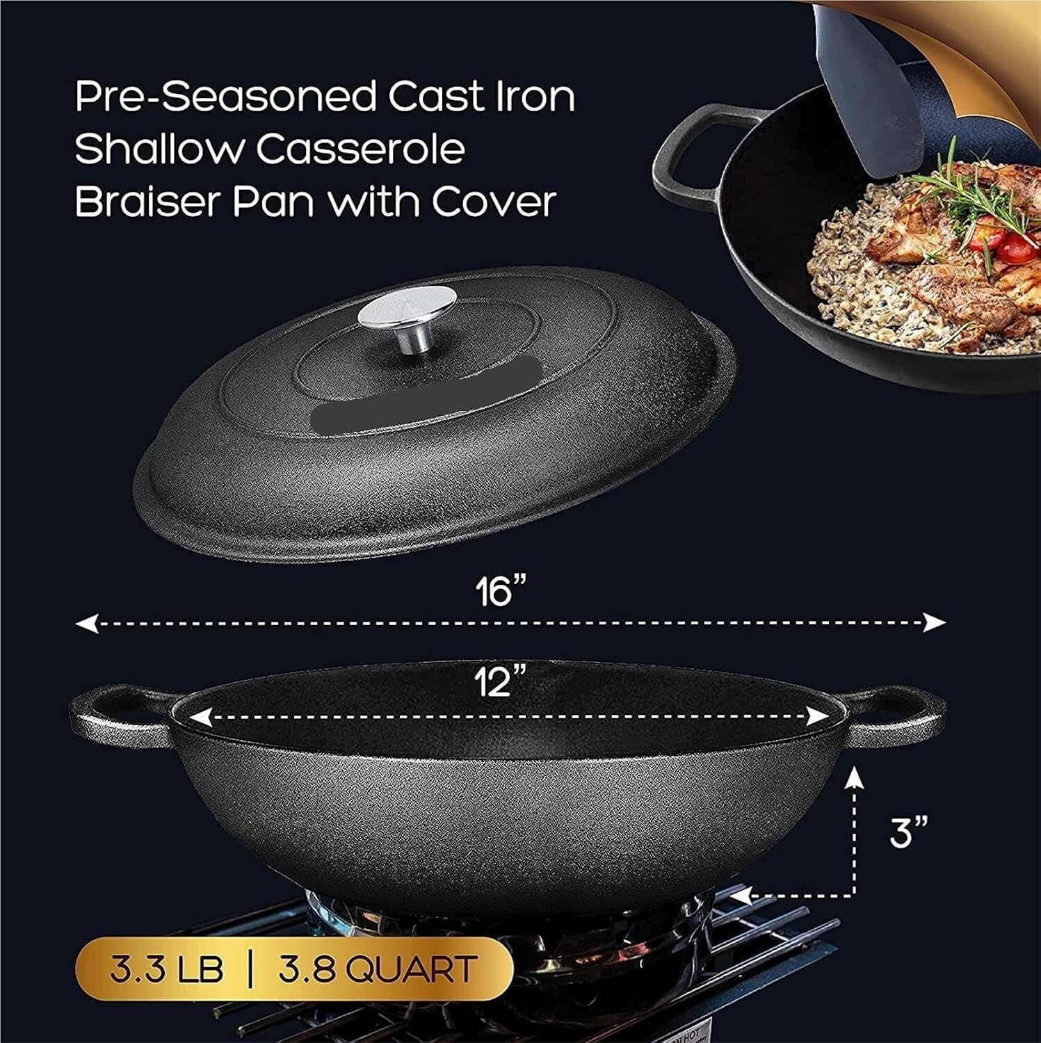 Casserole Dish Heavy Duty Cast Iron Casserole Braiser-Pan with Cover Oven Black Cookware for Versatile Cooking