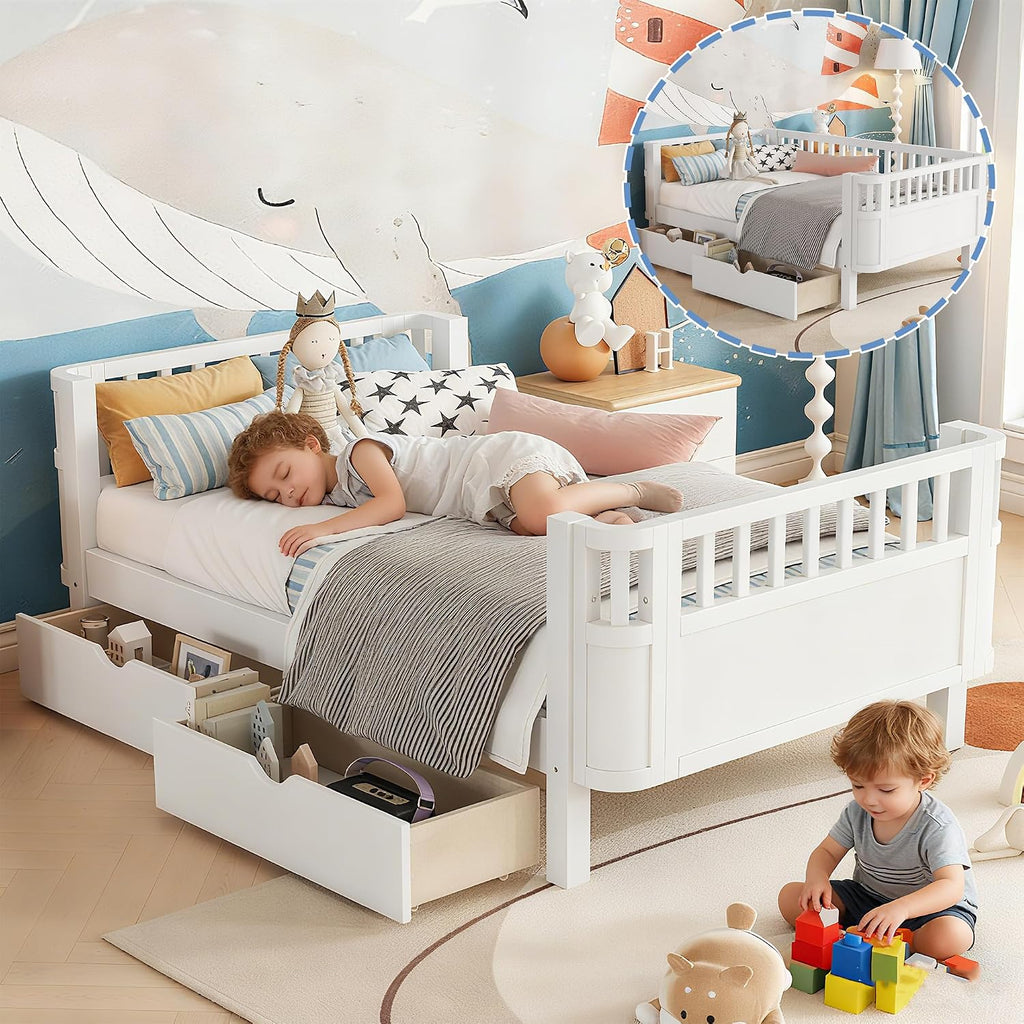 Twin Kids Bed with Storage Drawers & Rails, Wood Low Montessori Beds with Detachable Side Rails & Slats, Modern Daybed for Boys Girls Bedroom, Kids Twin Platform Bed, White