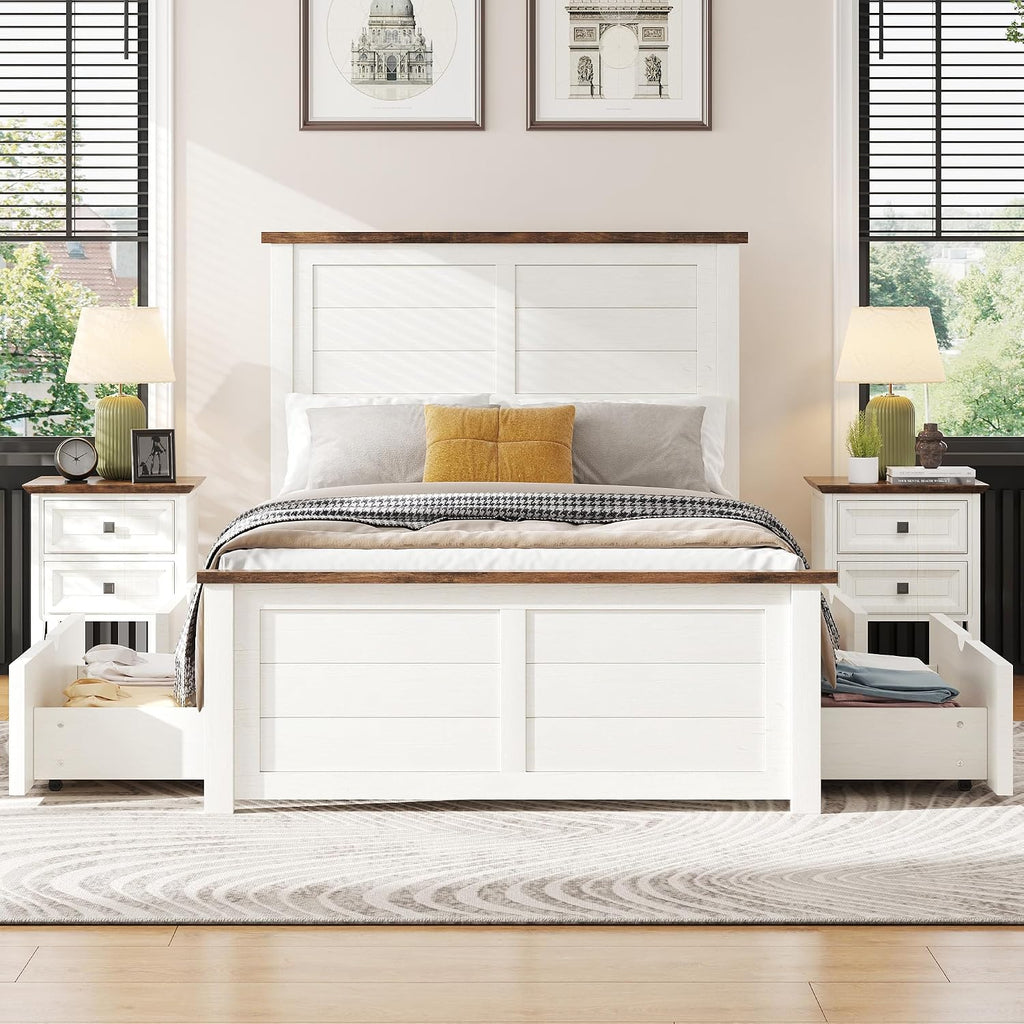 LUXOAK Twin Size Farmhouse Wooden Bed Frame with Headboard and 4 Sliding Drawers, Barn Door Panel Platform Bed with Wood Slats, Heavy Duty Mattress Foundation, Non-Slip & Noise-Free, Antique White