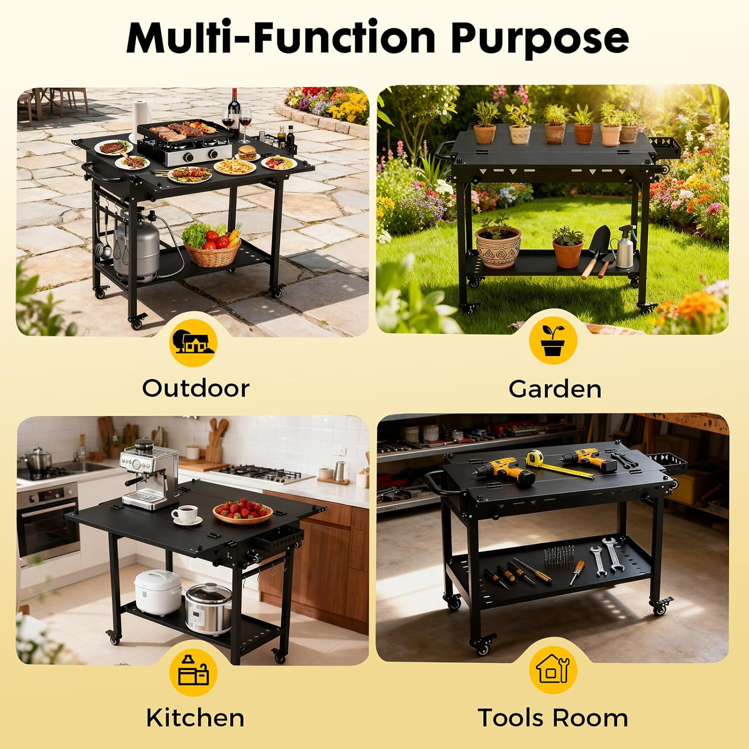 Portable Outdoor Grill Table with Wheels, Heavy-Duty Steel Prep Table, Folding Griddle Stand with Shelves, Bottle Opener, No Assembly Required, for BBQ, Pizza Oven, Patio