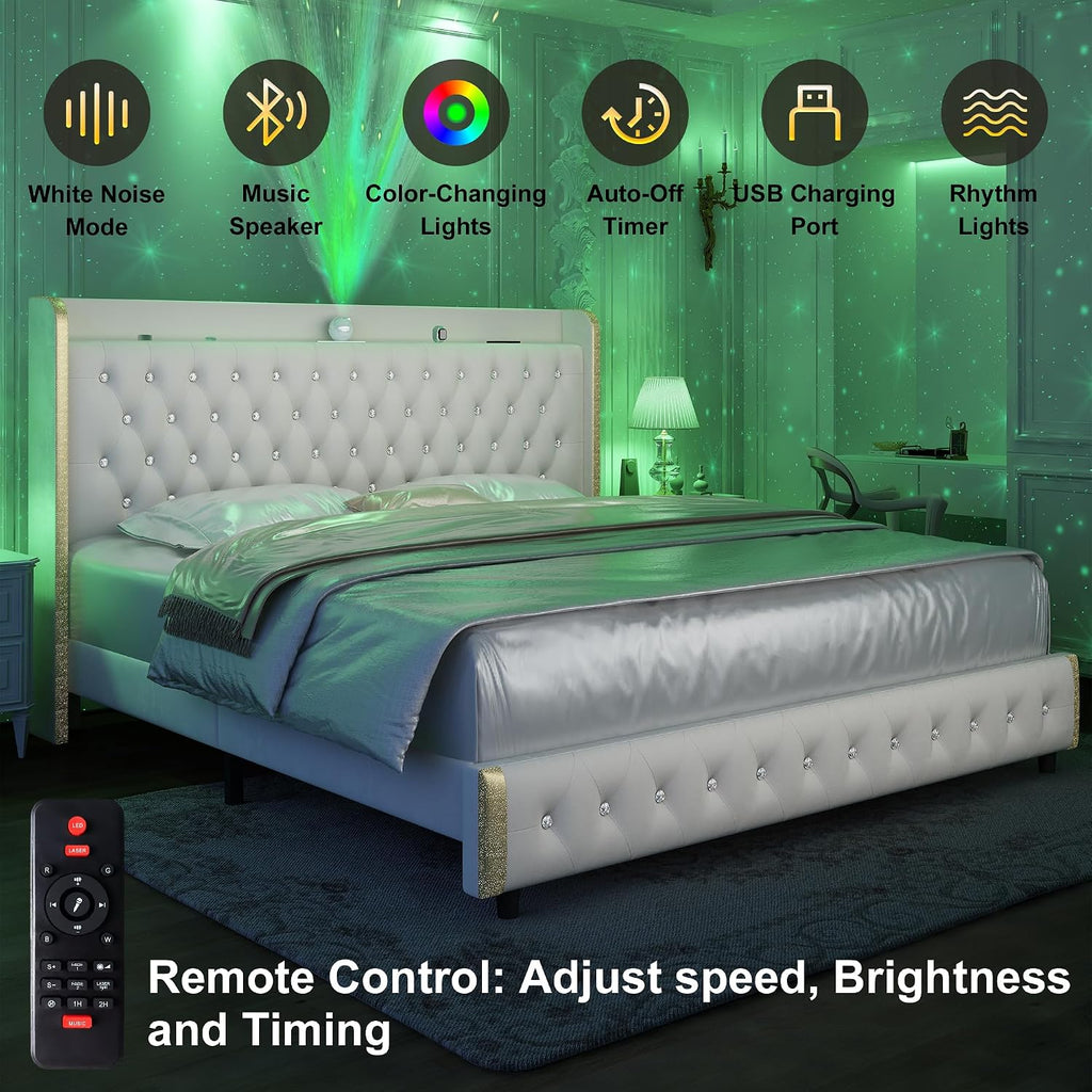 Full Modern Wingback Upholstered Platform Bed Frame with Galaxy Projector, LED Bed Frame, Sturdy Noiseless Design, Headboard with Star Accents, Simple Assembly, No Box Spring Needed, Velvet Cream