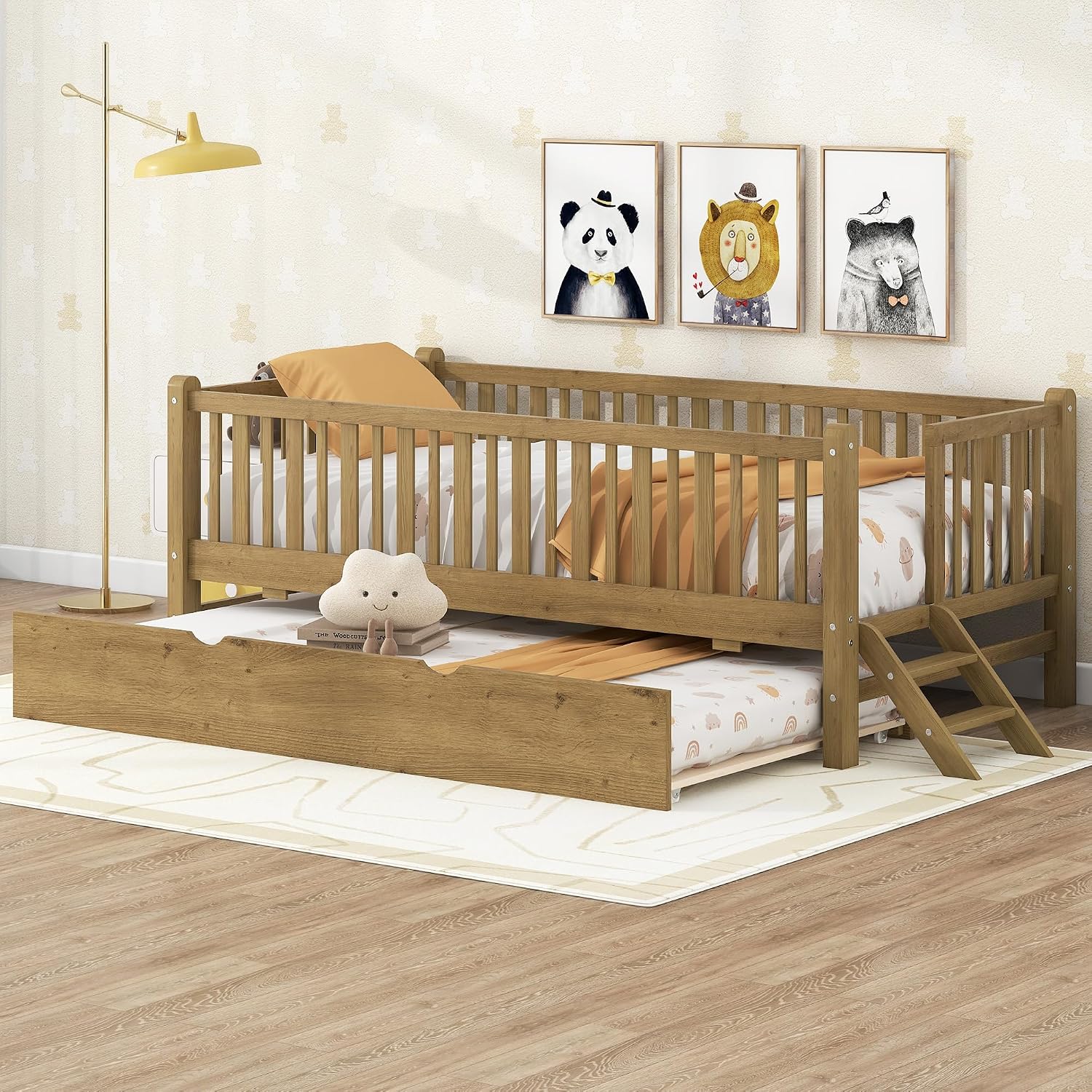 VilroCaz Twin Size Platform Bed with Guardrail and Trundle, Wood Kids Platform Bed Frame with Two-Step Ladder for Boys Girls, Sturdy Slats Support (Walnut-1.26T)