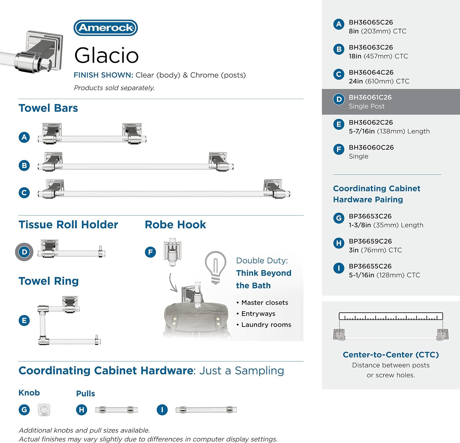 Amerock | Clear/Chrome | Glacio |Towel Bar | 18 inch (457 mm) | 3 Piece | Bathroom Accessories Set