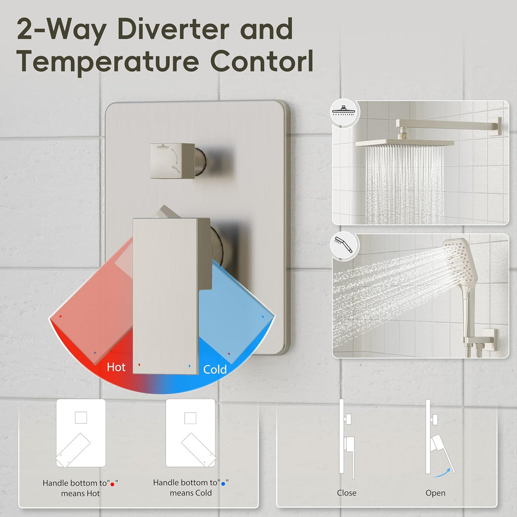 Gabrylly Shower System, Wall Mounted Shower Faucets Sets Complete for Bathroom with High Pressure 10' Rain Shower head and 3-Setting Handheld Shower Head Set, 2 Way Shower Valve Kit, Brushed Nickel