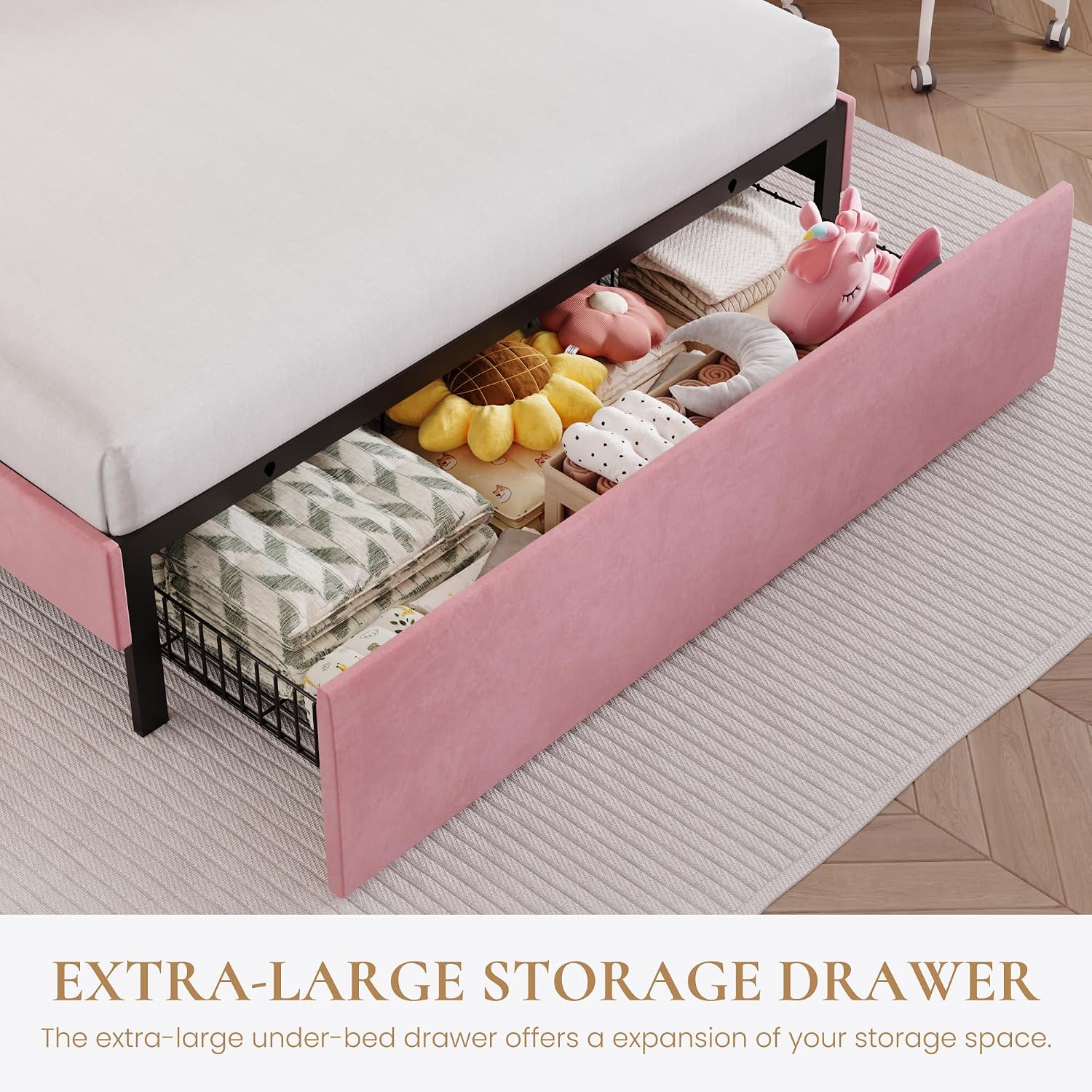 SHA CERLIN Upholstered Queen Size Bed Frame with LED Lights and Large Storage Drawer, Velvet Platform Bed with Adjustable Wavy Headboard, Noise Free, Easy Assembly, No Box Spring Needed, Soft Pink