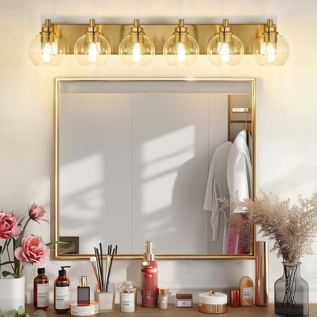 Bathroom Light Fixtures, 6 Light Brushed Gold Vanity Light, 38 Inch Modern Wall Sconces with Globe Clear Glass Shade, Vanity Lighting Fixtures Over Mirror, VL195-BG-6