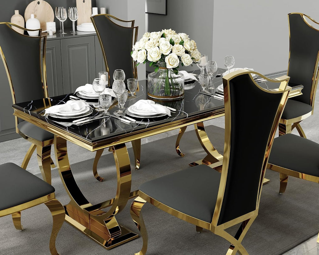 ACEDÉCOR 5 Piece Dining Table Set, Modern Dining Room Table with Gold Stainless Steel Metal U-Base, 4 Black Velvet Dining Chairs with Gold Legs(1 Table + 4 Black Velvet Dining Chairs)