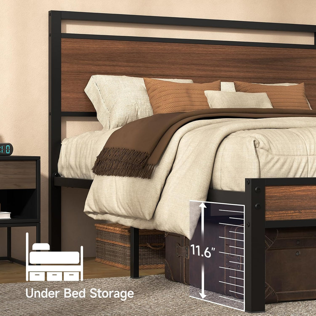 Easy Assembly Queen Bed Frame with Modern Wood Headboard & Footboard, Upgraded Heavy Duty Metal Sturdy Bed Frame Queen Size, Stable Platform Bed Furniture Bed Storage, No Noise, No Box Springs, Walnut