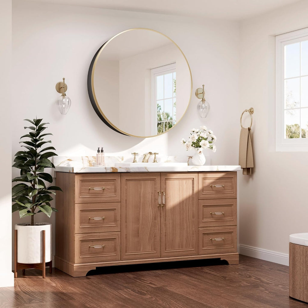 TETOTE Gold Medicine Cabinet with Mirror Round Medicine Cabinets Mirror for Bathroom 28 x 28 Adjustable Shelves Modern Bathroom Organizer with Shelves Wall Mounted