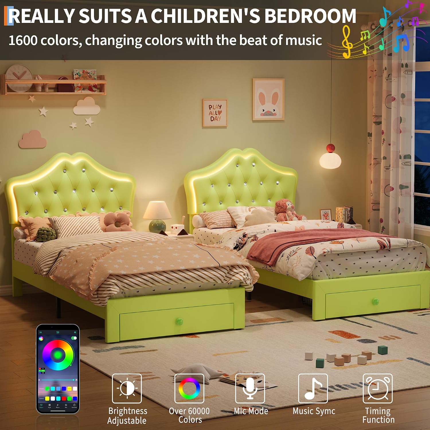 Garvee Twin Size Bed Frame with LED Lights & Velvet Crystal Button Headboard, Upholstered Boy Platform Bed with Storage Drawer, Noise Free, No Box Spring Needed for Kids, Teens, OrangeAvocado Green