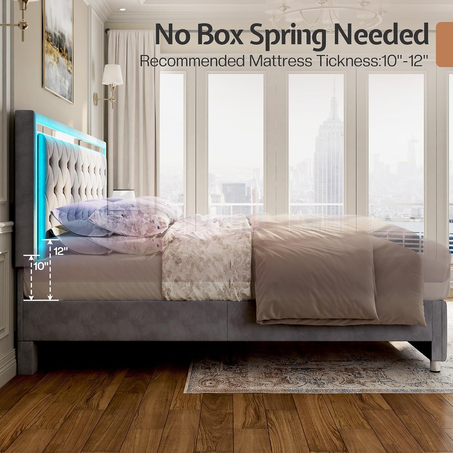 Jocisland Queen Bed Frame with LED Lights Headboard&Footboard, Velvet Upholstered Queen Size Platform Bed Frame No Box Spring Needed/Light Grey
