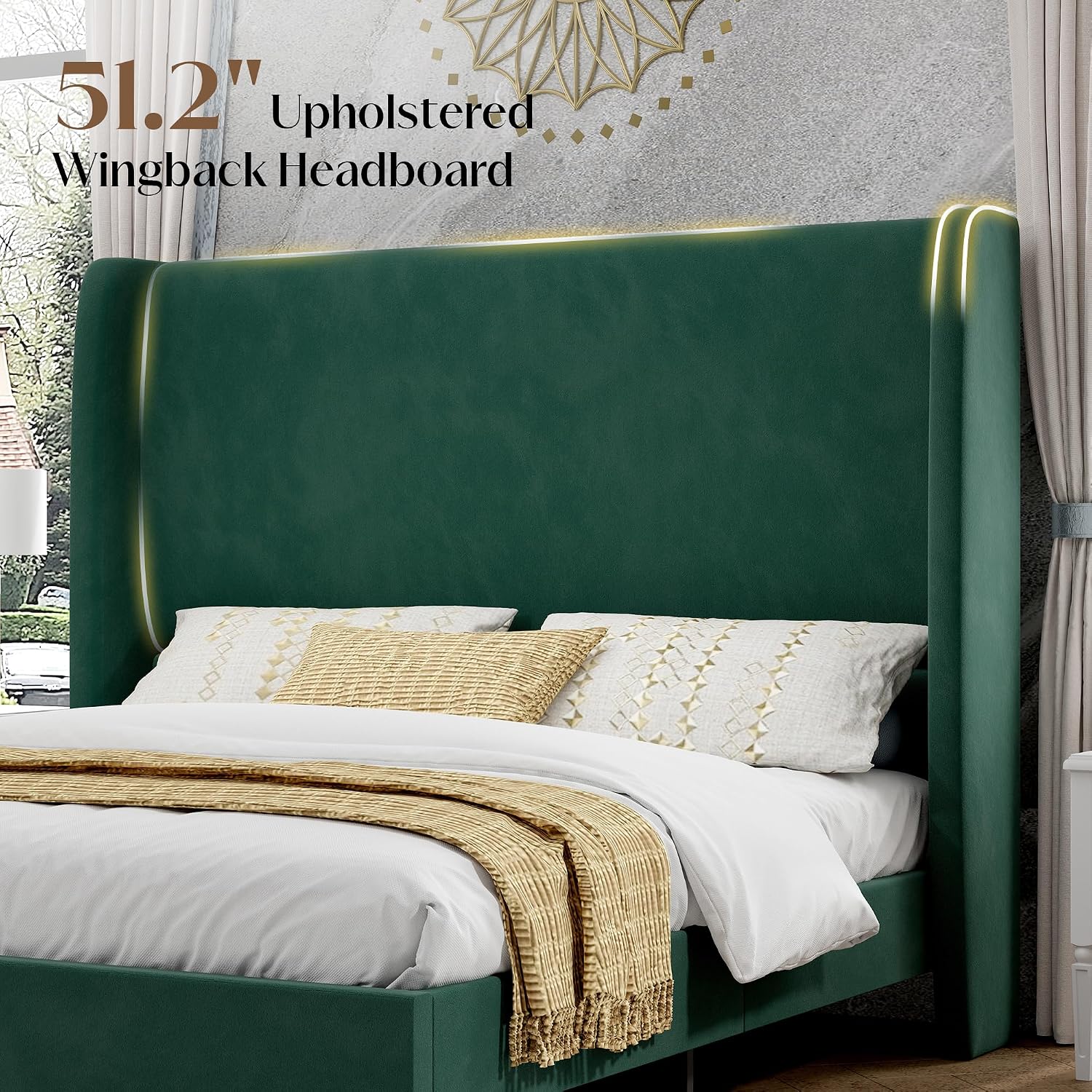 PaPaJet Queen Bed Frame with 51.2' Tall Wingback Headboard,Velvet Upholstered Platform Bed,Solid Wood Legs,No Box Spring Needed,Noise-Free&Easy Assembly,for Couples, Guest Room, Apartment,Green