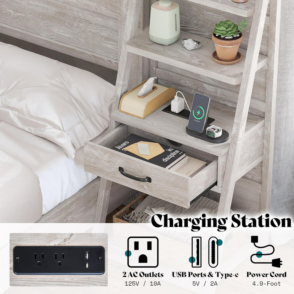 AMERLIFE Full Bed Frame with Wide Headboard and 4-Tier Bookshelves, Farmhouse Platform Bed with Charging Station & 2 Drawers, Noise-Free, No Box Spring Needed, Rustic White